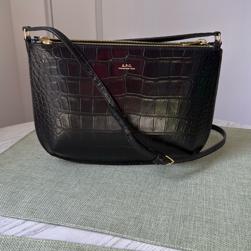 A.P.C. Black Crossbody Bag with Croc-Embossed Leather